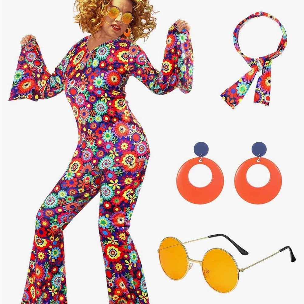 NEW PSYCHEDELIC DAISY PRINT DISCO 70’s PANT SUIT SIZE LARGE